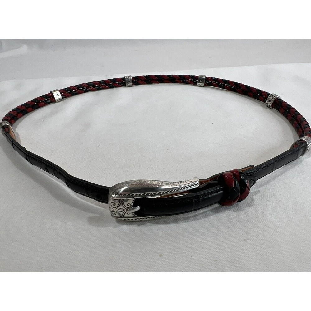 Brighton Braided Leather Belt Womens 30 Red Black Silver Buckle Slim Adjustable